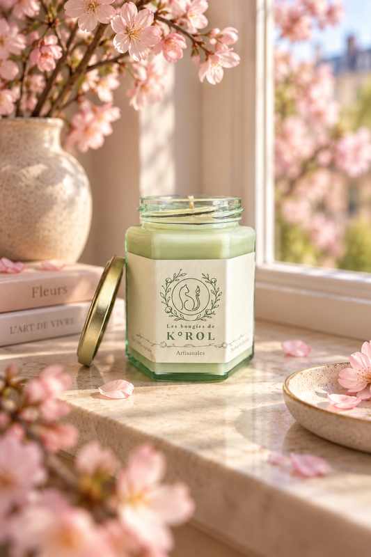 Bougie artisanale K°ROL Fleur de Sakura en ambiance lifestyle printanière